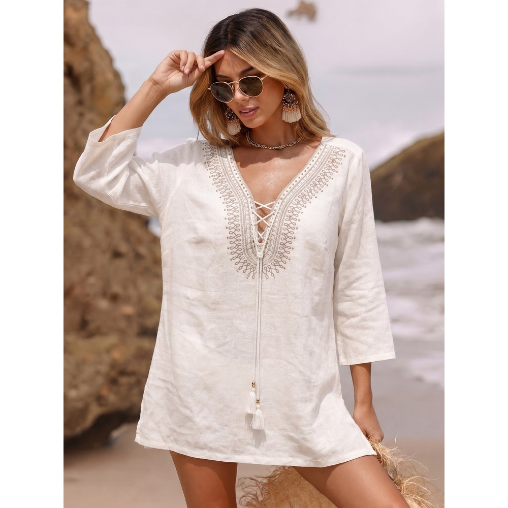 NWOT JM Collection Womens White Linen Embroidered 3/4 Sleeve Boho Resort Tunic S